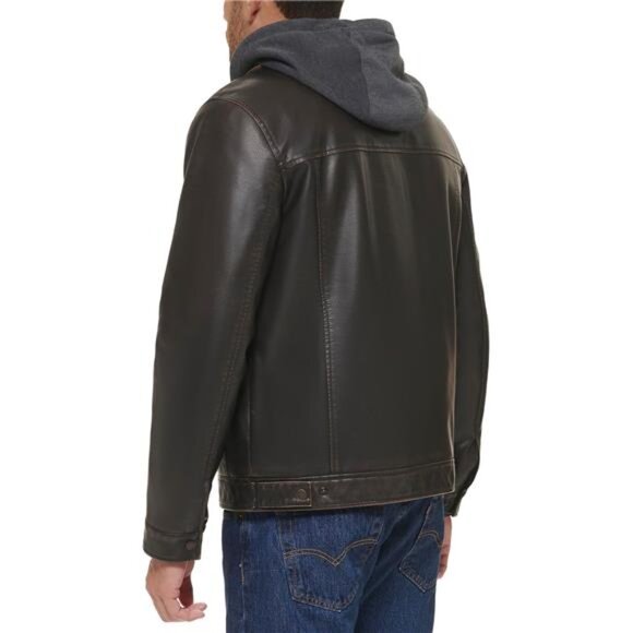 Levi's Men's Faux Leather Hooded Trucker Jacket With Sherpa Lining - Picture 12 of 16